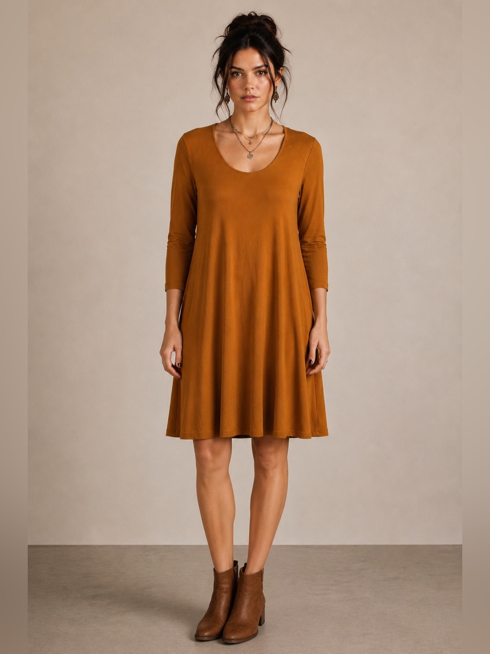 Garnet Hill Scoop Neck Trapeze Dress Orange Brown Size Medium Knee-Length Tencel